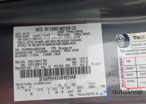 2010 Ford Fusion Se z USA, uszkodzony, nr VIN 3FAHP0HAXAR402448